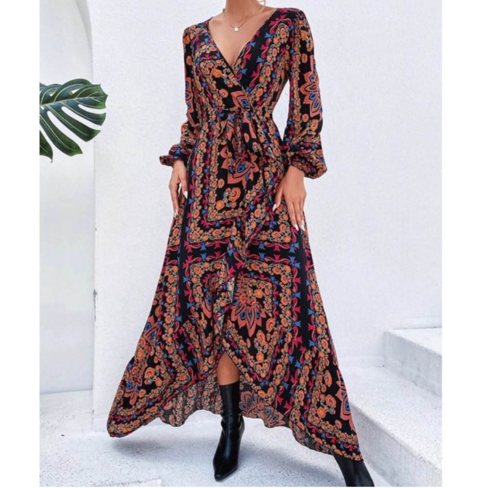 Floral & Scarf Print Lantern Sleeve Ruffle Trim Wrap Dress